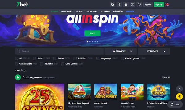 Casinolobbyen hos 7bet med filtrene Slots, Bonus, Megaways og spill som 25 Coins og Big Bass Reel Repeat