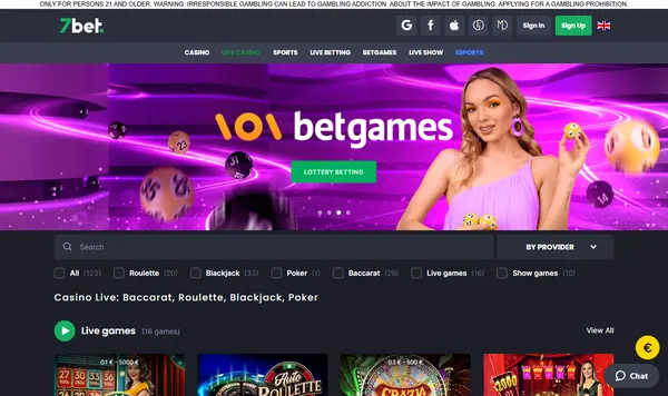 Live casino hos 7bet med kategoriene roulette, blackjack, baccarat og show games