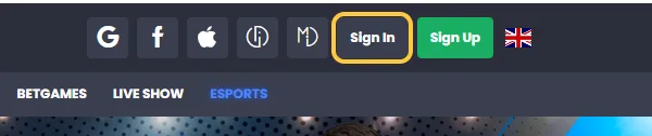 Knappen Sign In øverst til høyre hos 7bet, ved siden av den grønne Sign Up
