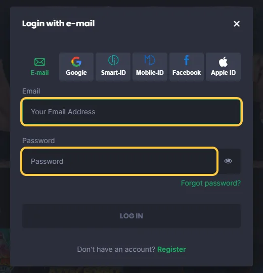 Innloggingsvinduet Login with e-mail hos 7bet med feltene Email og Password