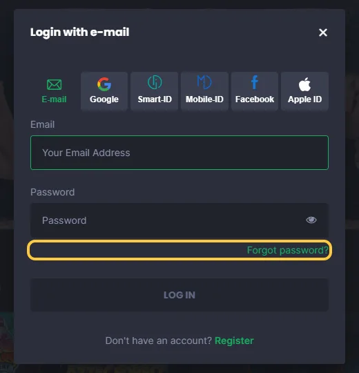 Lenken Forgot password under passordfeltet i innloggingsvinduet hos 7bet
