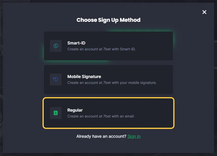 Vinduet Choose Sign Up Method hos 7bet med valgene Smart-ID, Mobile Signature og Regular