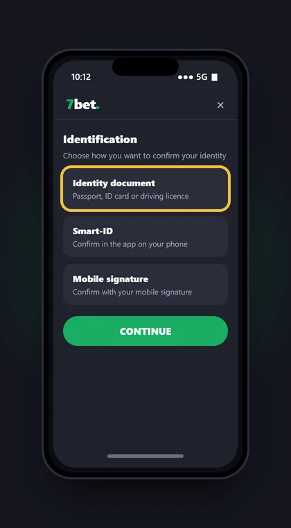 Illustrasjon av en mobil med identifiseringsvinduet hos 7bet: ID-dokument, Smart-ID eller mobilsignatur