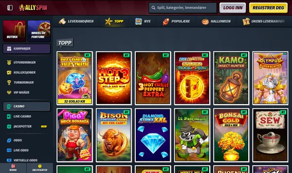 Topp-kategorien i casinolobbyen hos AllySpin med Hot Step 3, Kamo the Insect Hunter og Gates of Olympus Super Scatter