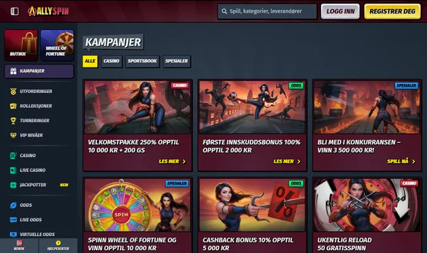 Kampanjesiden hos AllySpin med velkomstpakken, sportsbonusen og Wheel of Fortune