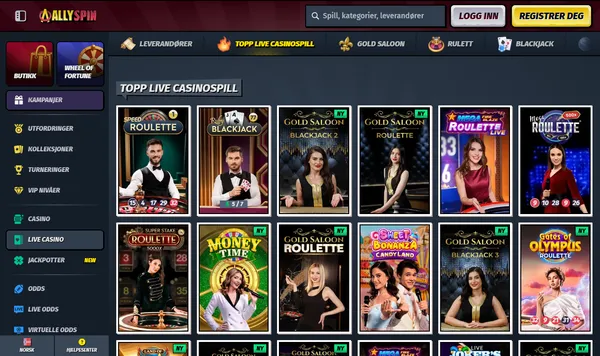Topp live casinospill hos AllySpin med Speed Roulette, Gold Saloon Blackjack 2 og Money Time
