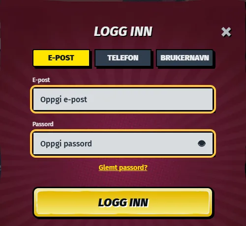 Innloggingsvinduet hos AllySpin med fanene E-POST, TELEFON og BRUKERNAVN og feltene E-post og Passord