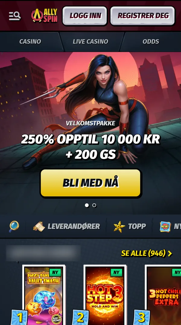 AllySpin på mobil med velkomstpakken 250 % opptil 10 000 kr + 200 GS