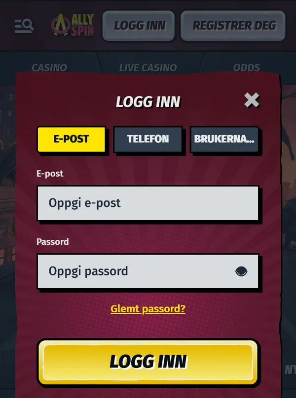 Innloggingen hos AllySpin på mobil