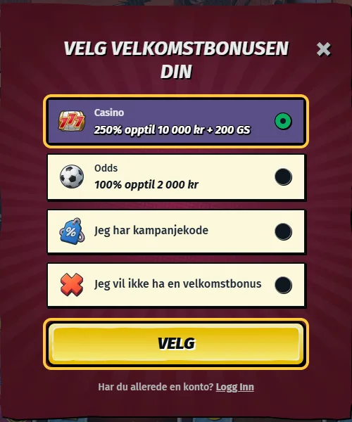 Vinduet Velg velkomstbonusen din hos AllySpin med casinobonusen valgt og knappen VELG