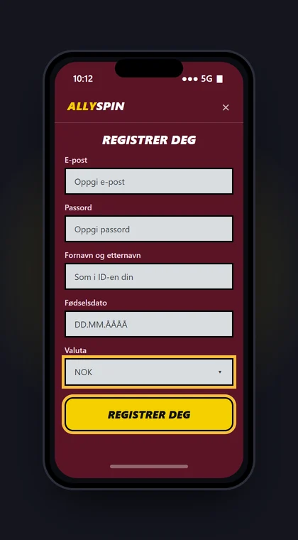 Illustrasjon av en mobil med kontoopplysningene i registreringen hos AllySpin: e-post, passord, navn, fødselsdato og valuta