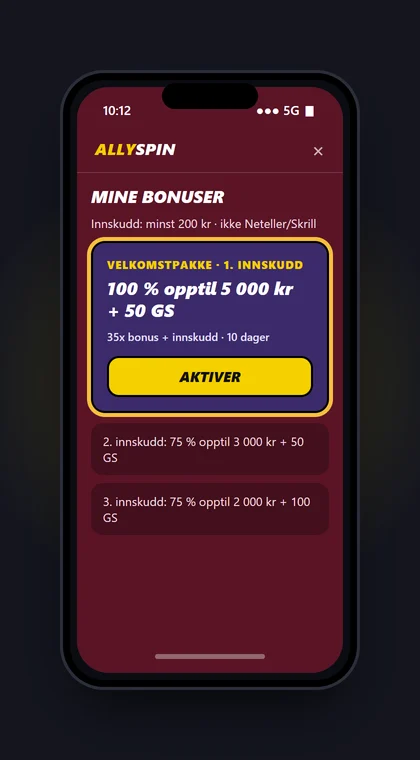 Illustrasjon av «Mine bonuser» hos AllySpin på mobil, med første del av velkomstpakken klar til aktivering