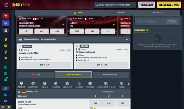 Sportsboken hos AllySpin med Boosted Odds, kamper fra Bundesliga og spillkupong med bookingkode