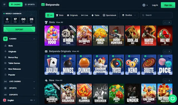 Casinolobbyen hos Betpanda med Sugar Rush 1000, Le Panda Town og Betpanda Originals