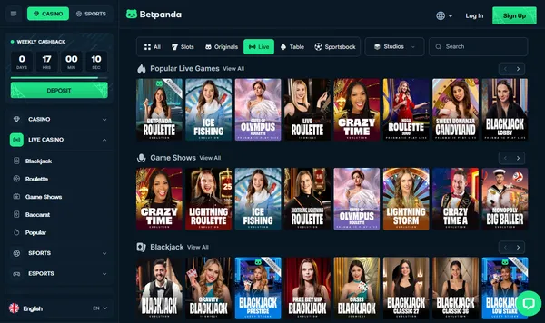 Live casino hos Betpanda med Betpanda Roulette, Crazy Time og blackjackbord