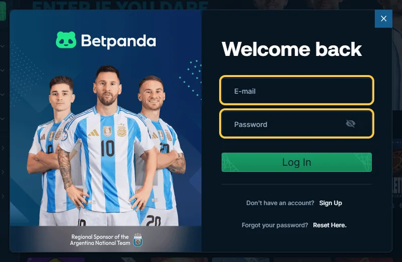 Innloggingsvinduet Welcome back hos Betpanda med feltene E-mail og Password