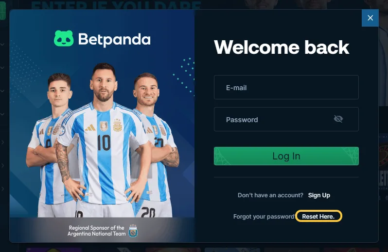Lenken Reset Here i innloggingsvinduet hos Betpanda