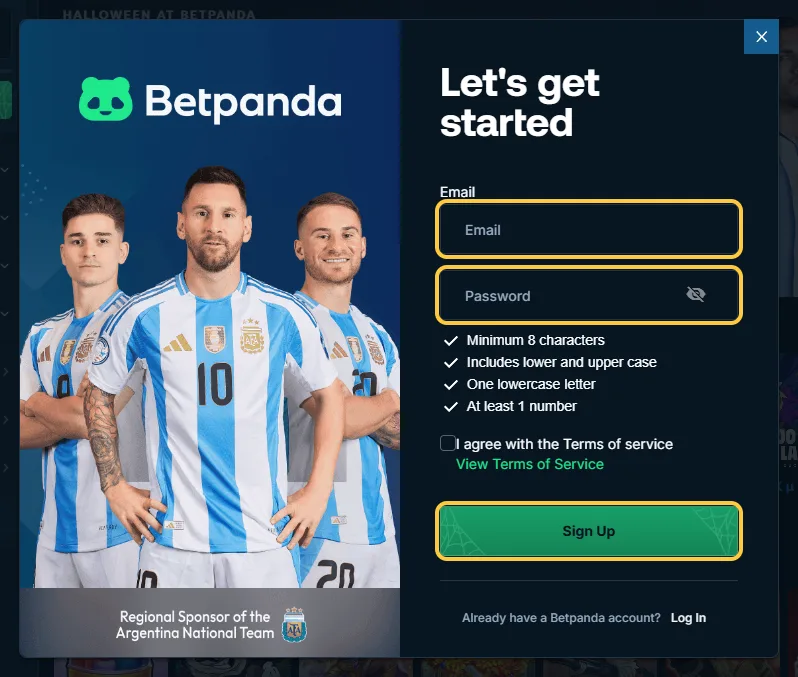 Registreringsvinduet Let's get started hos Betpanda med feltene Email og Password og knappen Sign Up