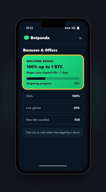 Illustrasjon av en mobil med velkomstbonusen hos Betpanda: 100 % opptil 1 BTC og fremdriften på 40x omsetning