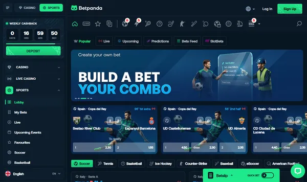 Sportsboken hos Betpanda med Bet Builder-banner og odds på fotball