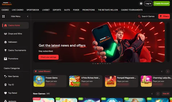 Casinolobbyen hos Betsafe med menyen Drops and Wins, Casino Tournaments og New Games