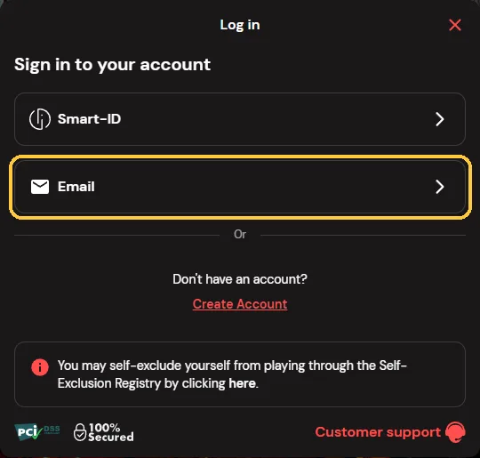 Innloggingsvinduet Sign in to your account hos Betsafe med valget Email markert