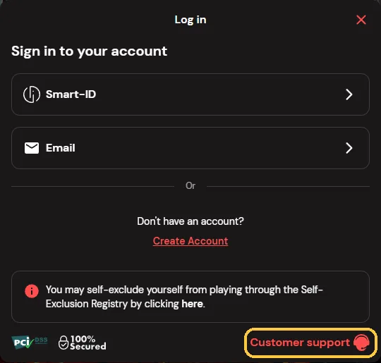 Lenken Customer support nederst i innloggingsvinduet hos Betsafe