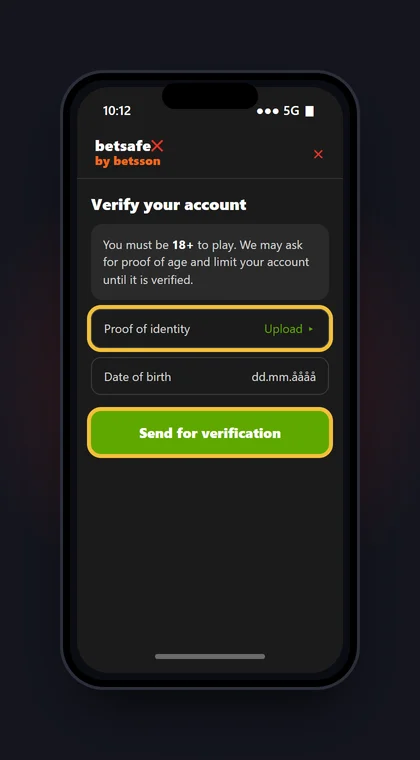 Illustrasjon av en mobil der Betsafe ber deg bekrefte alder og identitet