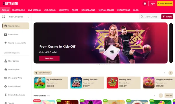 Casinolobbyen hos Betsmith med kampanjen From Casino to Kick-Off og Latest Winners