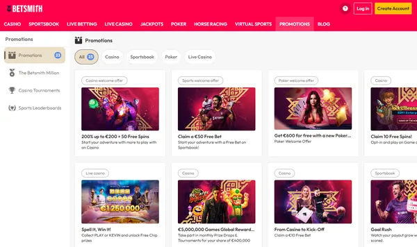 Kampanjesiden hos Betsmith med velkomsttilbud for casino, sport og poker