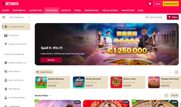 Live casino hos Betsmith med kampanjen Spell It, Win It! og kategoriene Game Shows og First Person Tables