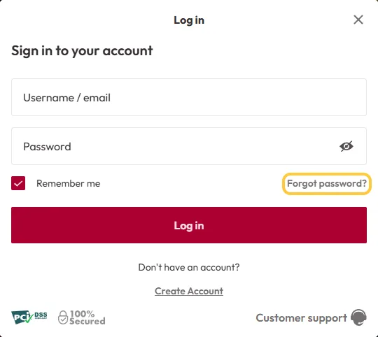 Lenken Forgot password? i innloggingsvinduet hos Betsmith