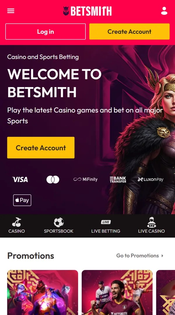 Forsiden til Betsmith på mobil med knappene Log in og Create Account og betalingslogoer