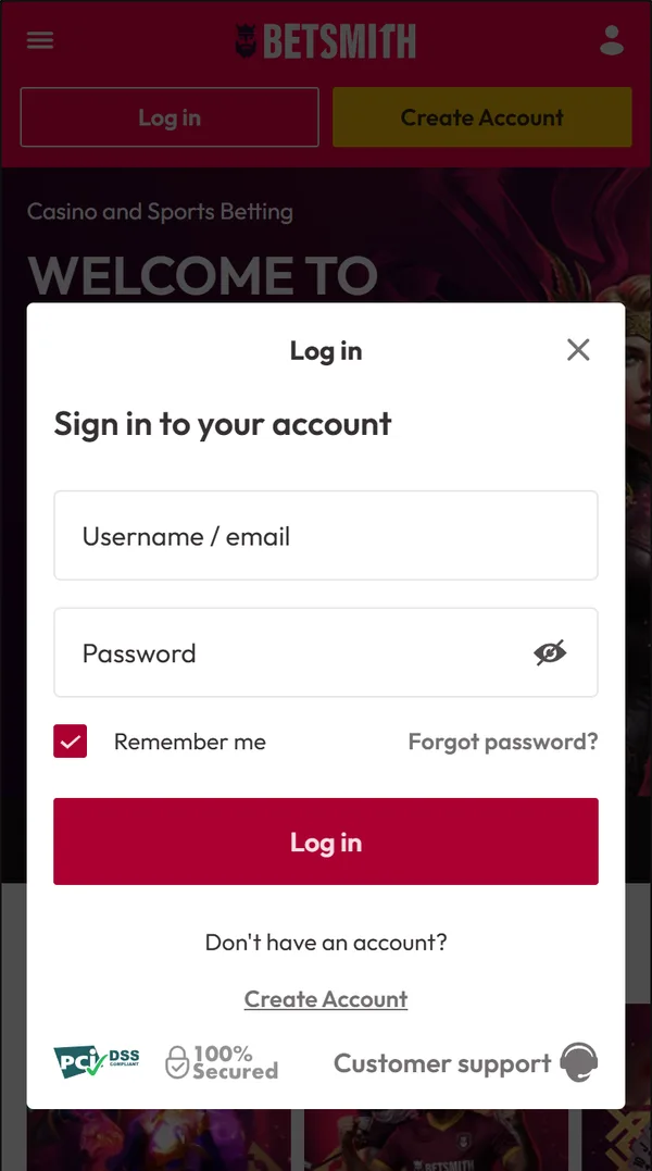 Innloggingen hos Betsmith på mobil med feltene Username / email og Password