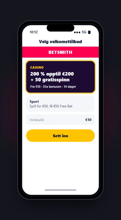 Illustrasjon av en mobil der du velger Betsmiths velkomsttilbud for casino eller sport og setter inn €10