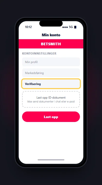 Illustrasjon av en mobil med Verification under kontoinnstillingene hos Betsmith