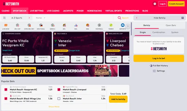 Sportsboken hos Betsmith med Super Boost på odds, Popular Bets og kupongen Single, Combination og System