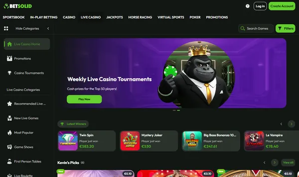 Live casino hos Betsolid med Weekly Live Casino Tournaments og kategoriene Game Shows og First Person Tables