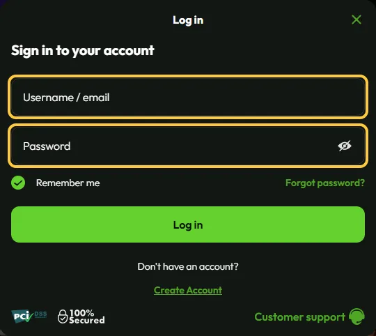 Vinduet Sign in to your account hos Betsolid med feltene Username / email og Password