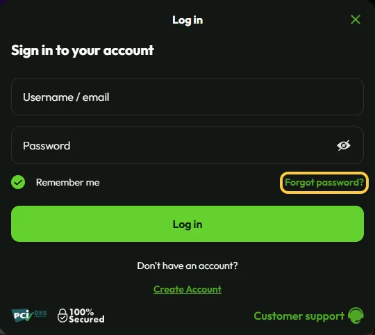 Lenken Forgot password? i innloggingsvinduet hos Betsolid