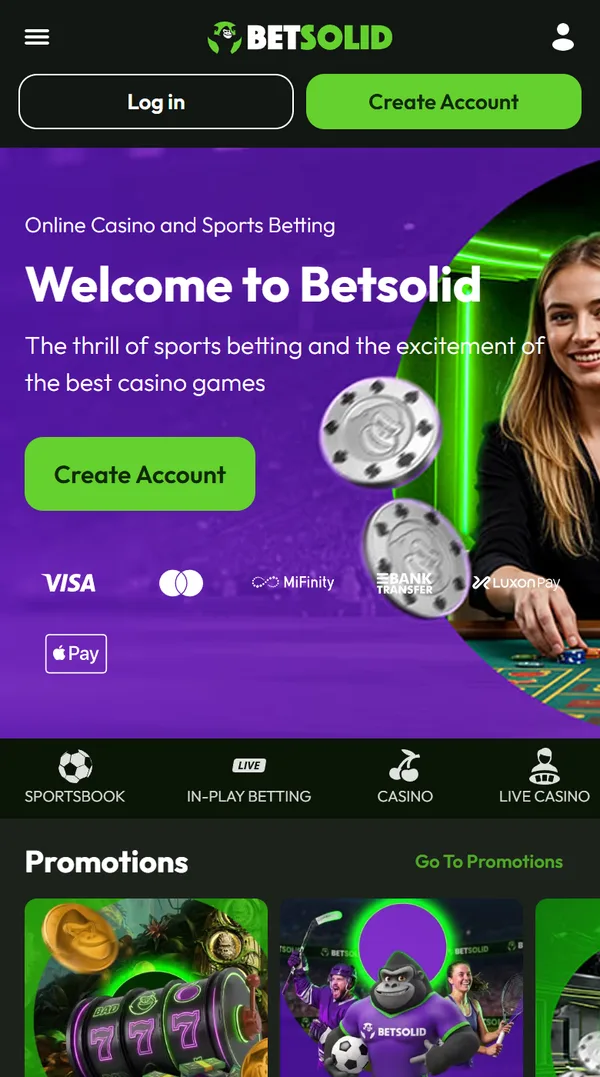 Forsiden til Betsolid på mobil med Log in, Create Account og betalingslogoene Visa, Mastercard, MiFinity og Apple Pay