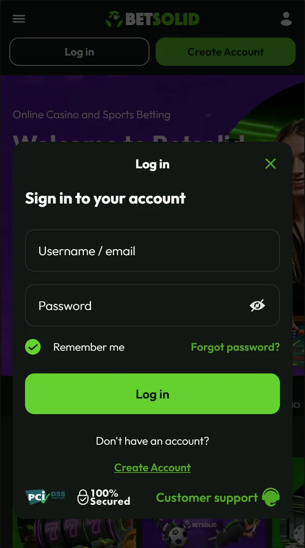 Innloggingsvinduet hos Betsolid på mobil med feltene Username / email og Password