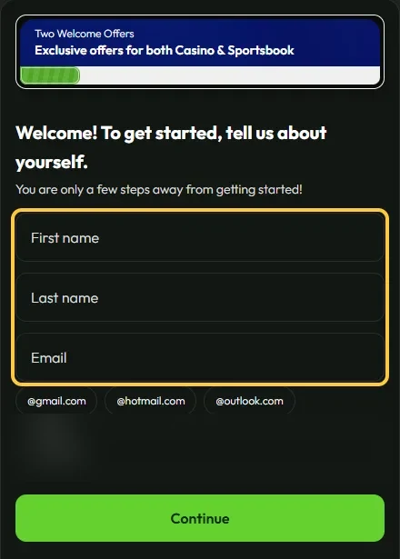 Første steg i registreringen hos Betsolid med feltene First name, Last name og Email