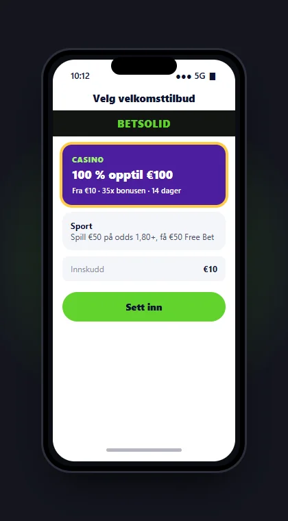 Illustrasjon av en mobil der du velger Betsolids casinotilbud eller sportstilbud og setter inn €10