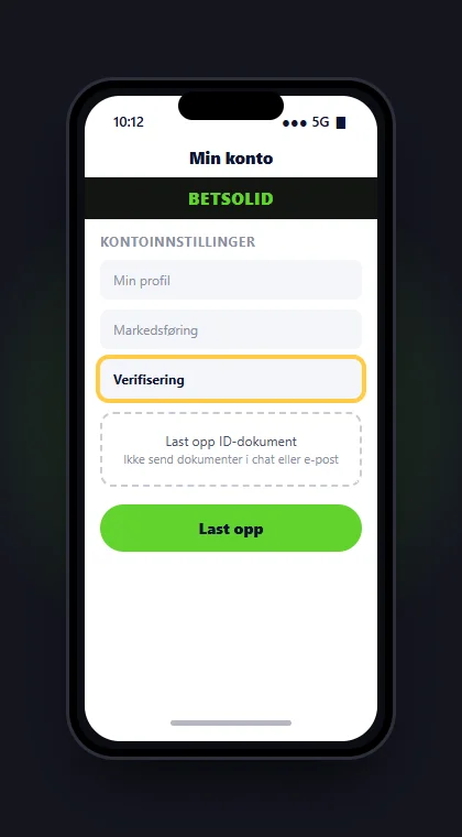 Illustrasjon av en mobil som viser Verification-valget i Betsolids kontoinnstillinger