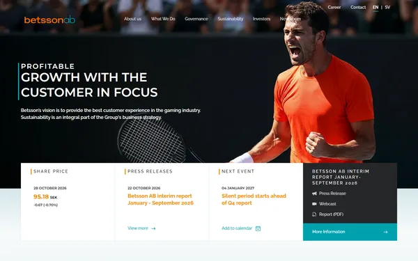 Forsiden på betssonab.com med aksjekurs, pressemeldinger og rapporten for tredje kvartal 2026