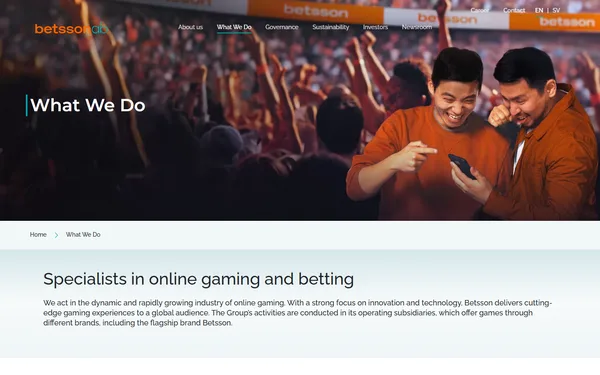 Siden What We Do på betssonab.com med overskriften Specialists in online gaming and betting
