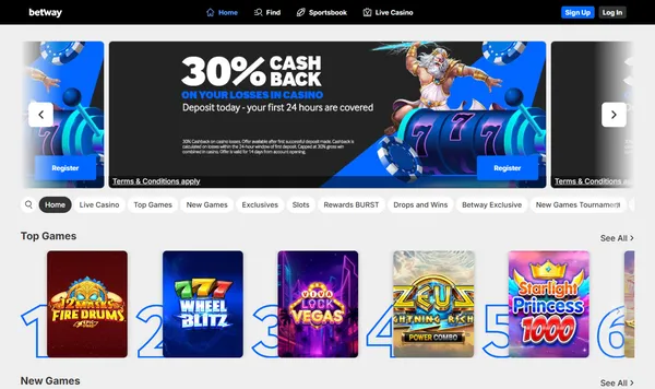 Casinolobbyen hos Betway med cashback-banner og topplisten over automater