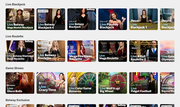 Live casino hos Betway med Live Blackjack, Live Roulette og Game Shows