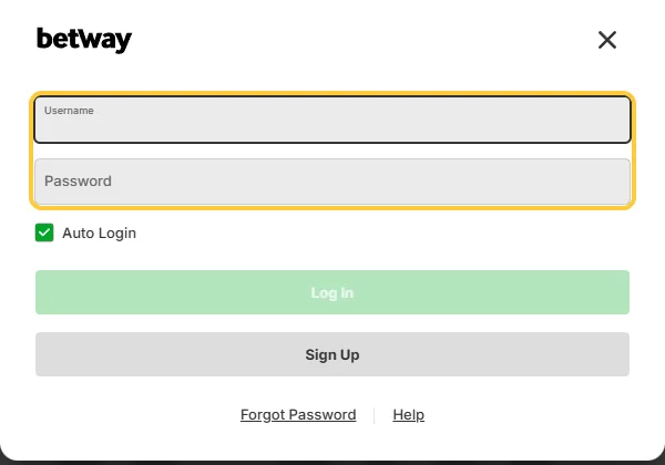 Innloggingsvinduet hos Betway med feltene Username og Password